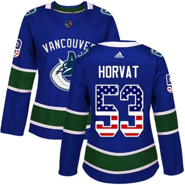 Damen Vancouver Canucks Trikot Bo Horvat 53 Blau USA Flag Fashion Authentic